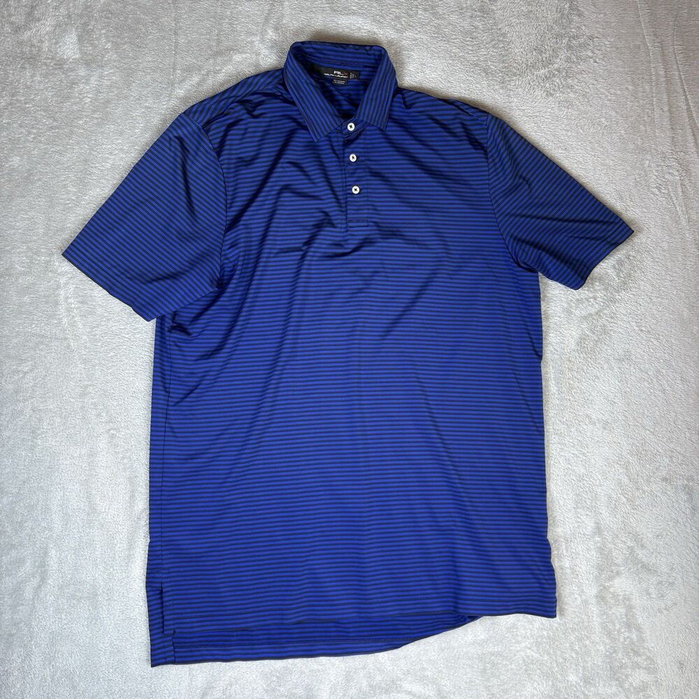 RLX Ralph Lauren Polo Shirt Mens Large Blue Black Striped Golf Performance